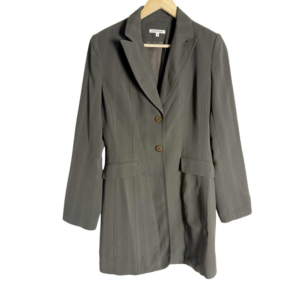Georgiou Studio Olive Green Tonal Striped Peak Lapel Long Blazer Jacket Size 8